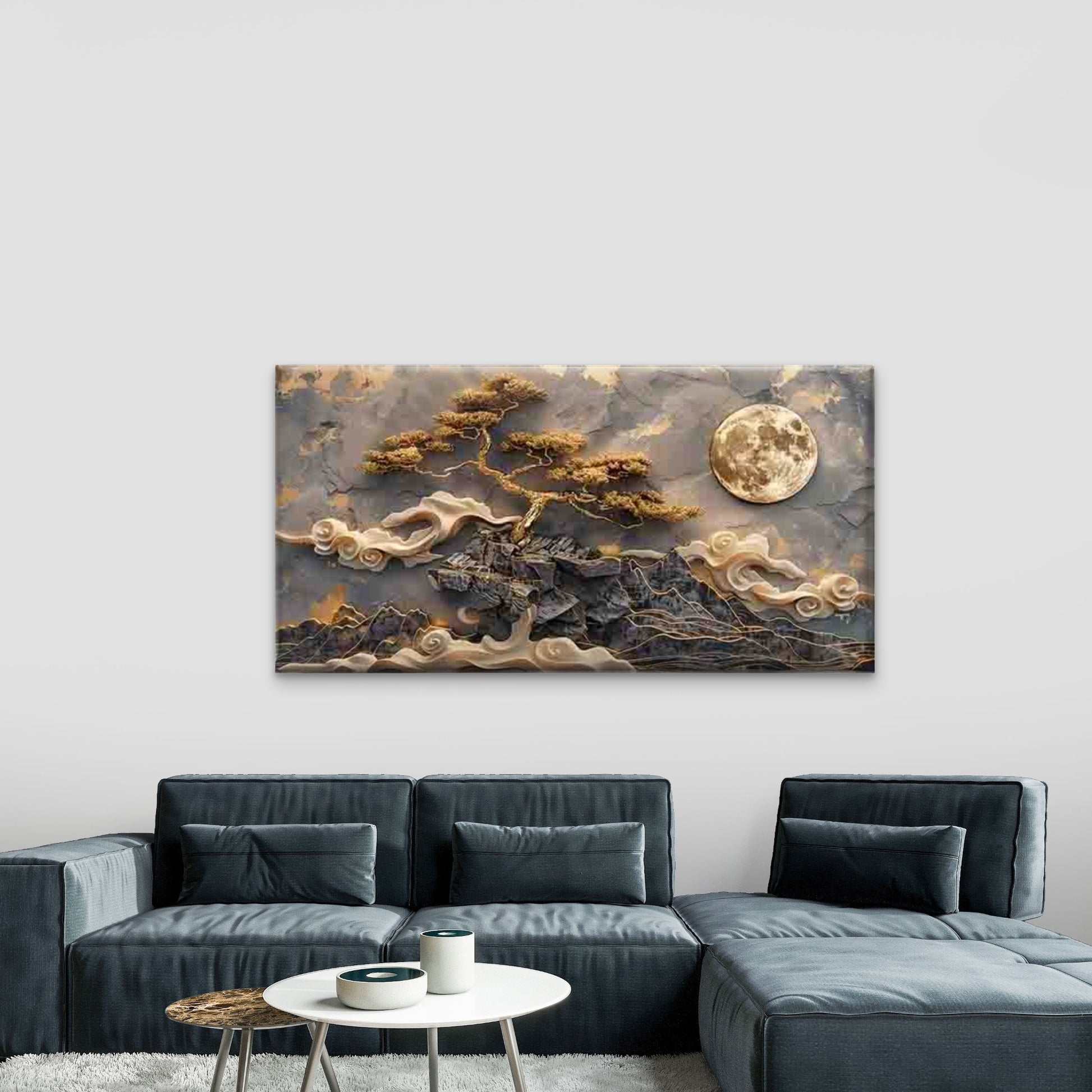 Golden Tree Under Full Moon Wall Art Canvas Office Home Room Framed 120x60cm - Bella Home Decor