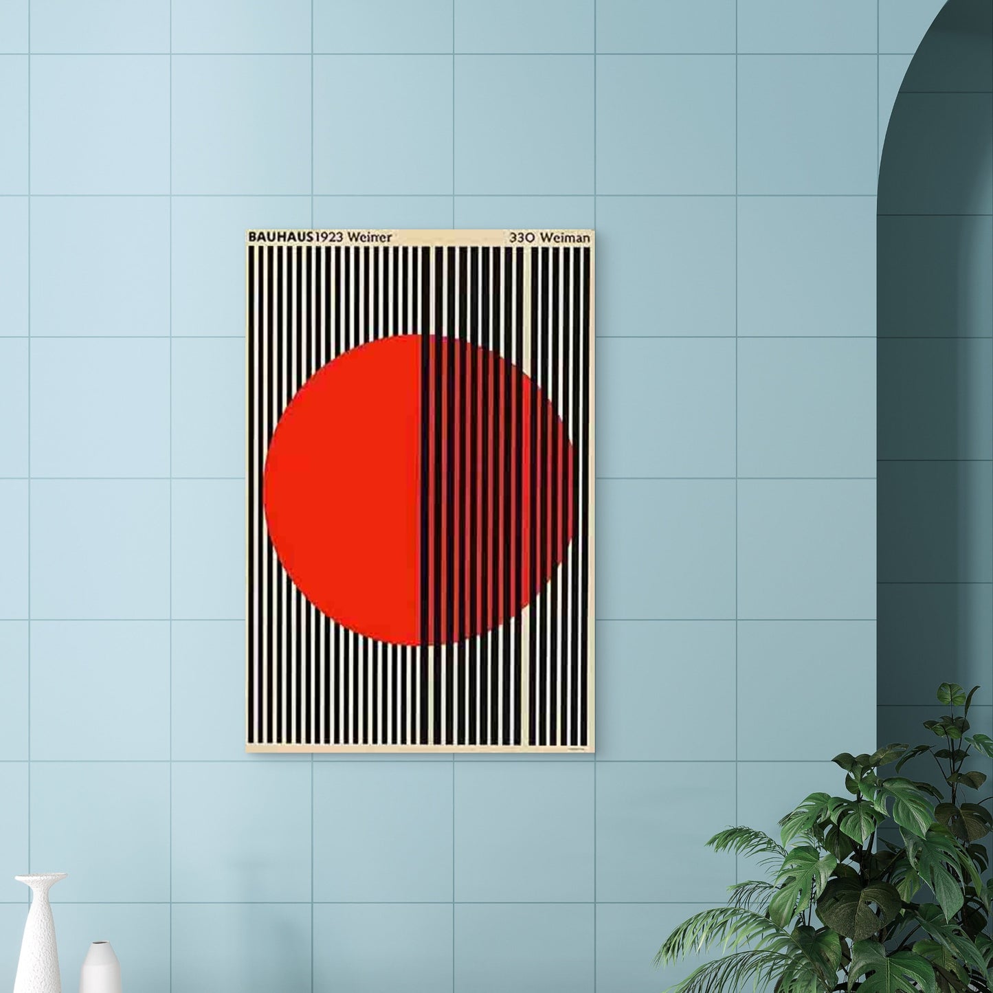 Black Vertical Stripes with Large Red Semi-Circle 60x90cm Metal Print Ready to Hang - Bella Home Decor
