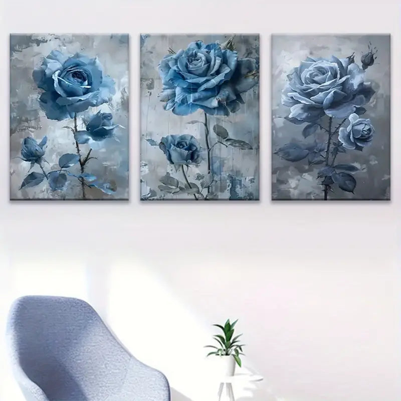 3pcs Blue Rose Contemporary Floral Metal Print Ready to Hang Art - Bella Home Decor