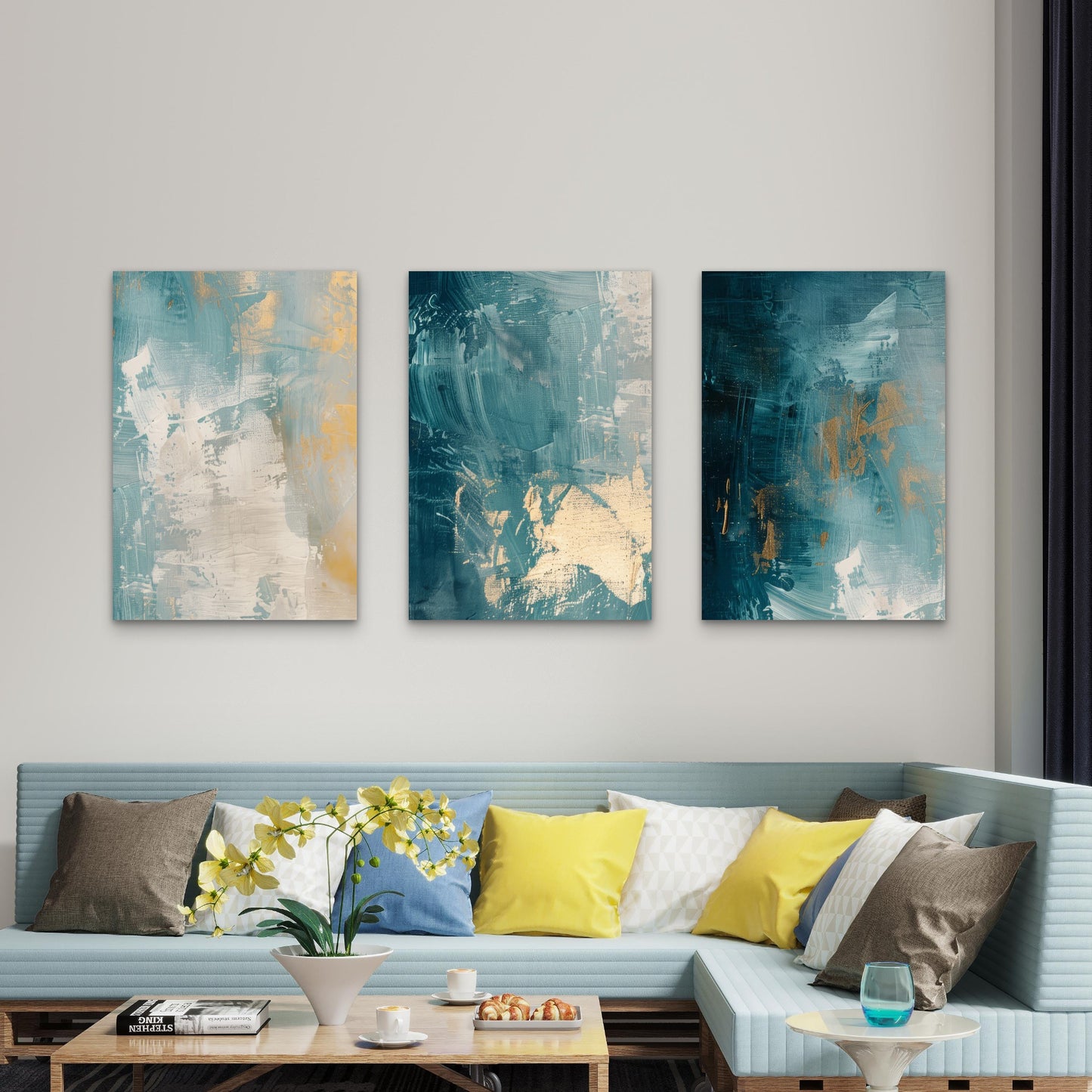 3pcs Navy Teal Gold Abstract Foil Painting  Wall Art Set Canvas Framed 60x90cm - High Quality Print 100% Australian Made Wall Canvas Ready to Hang