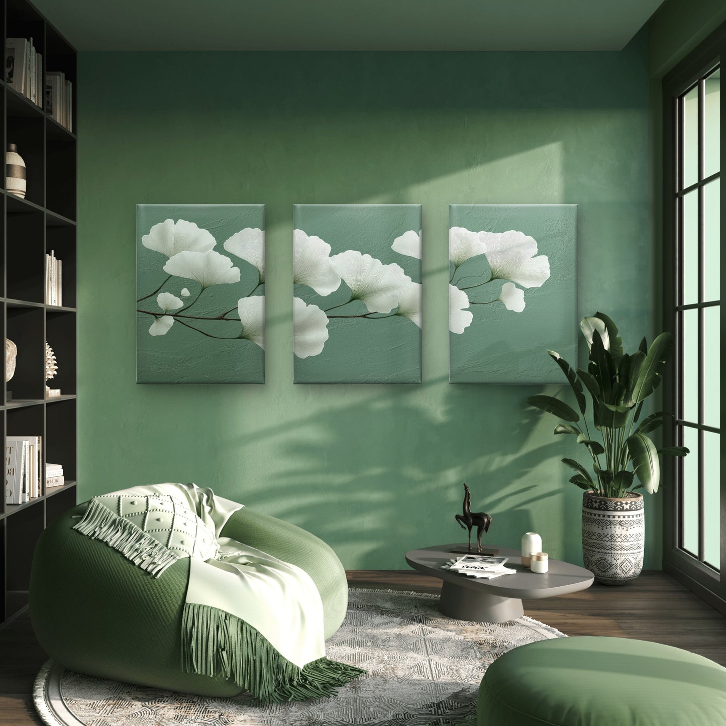 3pcs Abstract Floral Green Ginkgo Leaf Painting Wall Art Set Canvas Framed 40x60cm - High Quality Print 100% Australian Made Wall Canvas Ready to Hang