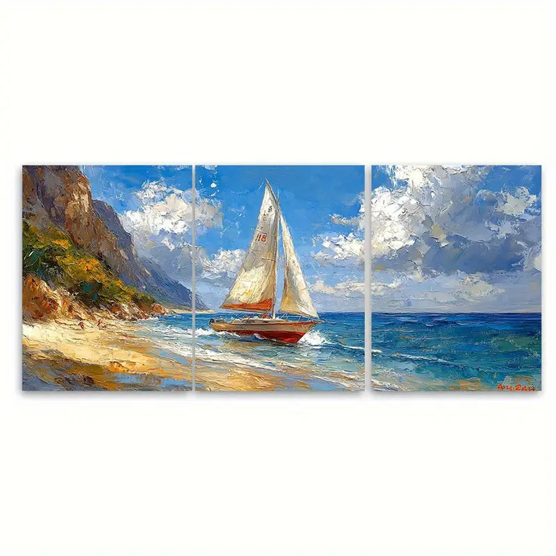3pcs Boat On A Beach Metal Print Ready to Hang Art - Bella Home Decor
