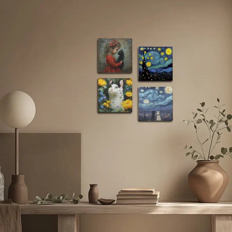 4pcs Cute Cat Decoration Orange Cat With Girl Wall Art Canvas Framed