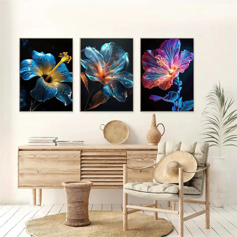 3pcs Neon Glowing Crape Myrtle Flowers Metal Print Ready to Hang Art