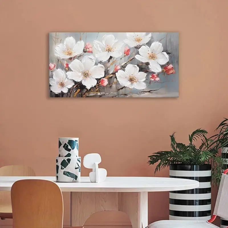 Abstract Blooming Flowers Elegant White & Golden Floral Wall Art canvas office home room framed 120x60cm - Bella Home Decor