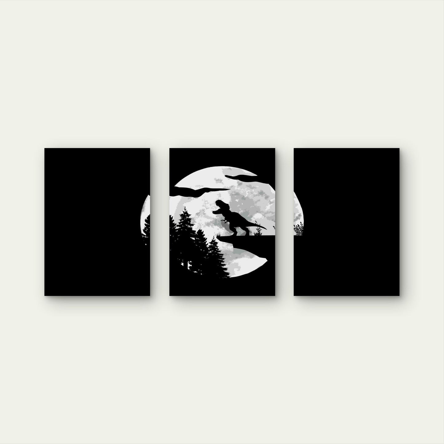 3pcs Monochrome Primeval Reptile Lunar Silhouette Metal Print Ready to Hang Art