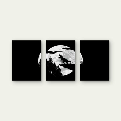 3pcs Monochrome Primeval Reptile Lunar Silhouette Metal Print Ready to Hang Art