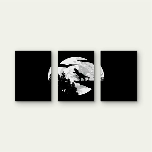 3pcs Monochrome Primeval Reptile Lunar Silhouette Metal Print Ready to Hang Art
