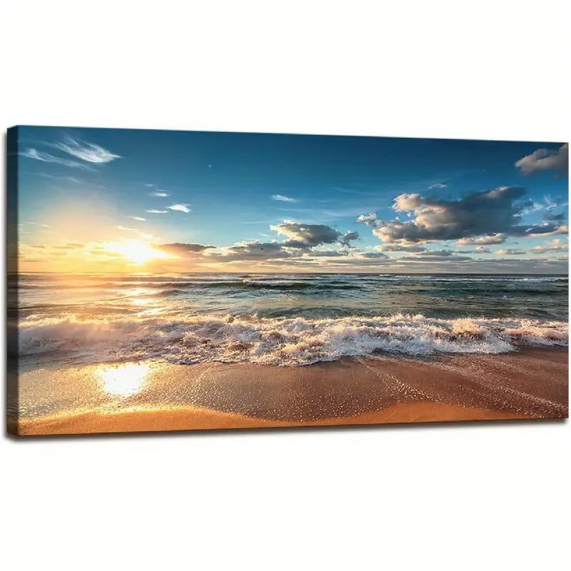 Beach Sunset Ocean Coastal White Clouds Wall Art canvas office home room framed 120x60cm - Bella Home Decor