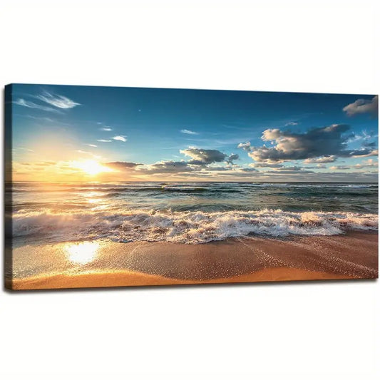 Beach Sunset Ocean Coastal White Clouds Wall Art canvas office home room framed 120x60cm - Bella Home Decor