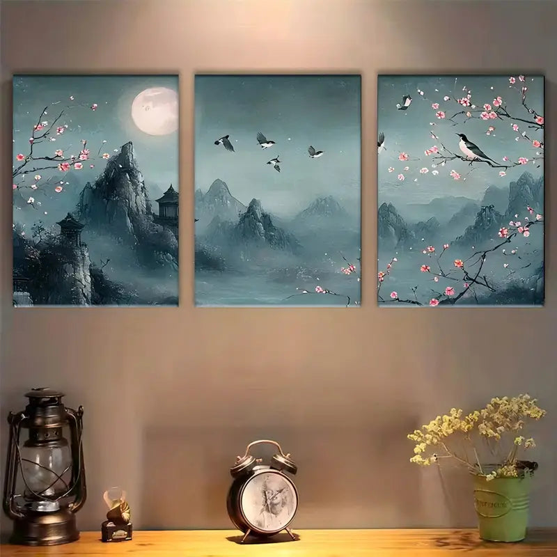 3pcs Floral Full Moon Canvas Metal Print Ready to Hang Art