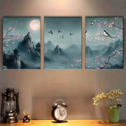 3pcs Floral Full Moon Canvas Metal Print Ready to Hang Art