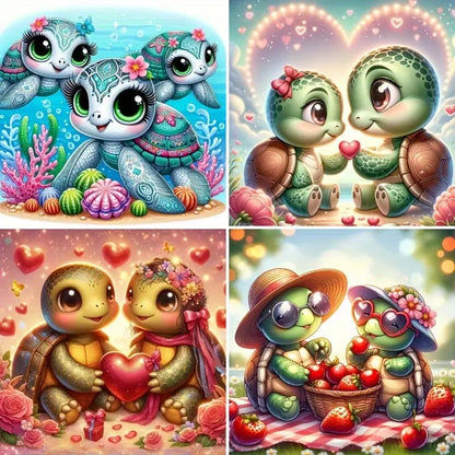 4pcs Lovely Turtle Couple  Wall Art Canvas Framed