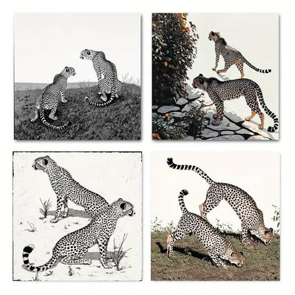 4pcs Black And White Cheeta Picture Wall Art Canvas Framed