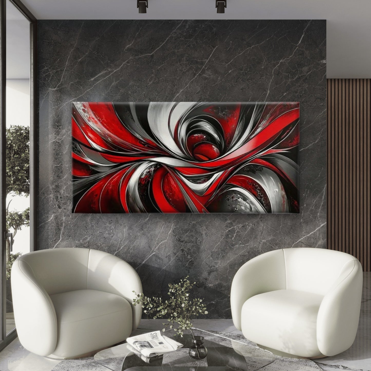 Swirling Red White Black Wall Art Canvas Office Home Room Framed 120x60cm