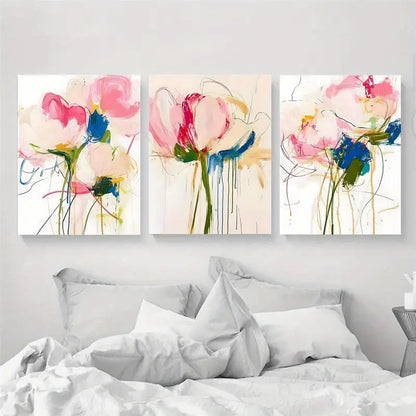 3pcs Waterproof Canvas, Pink, Blue, & Green Flower Metal Print Ready to Hang Art