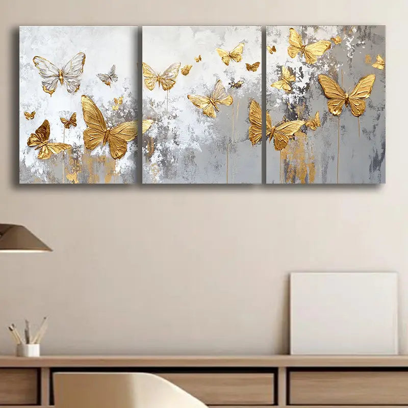 3pcs Golden Butterflies Metal Print Ready to Hang Art - Bella Home Decor