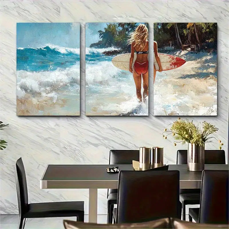 3pcs Lady Surfer Canvas  Metal Print Ready to Hang Art