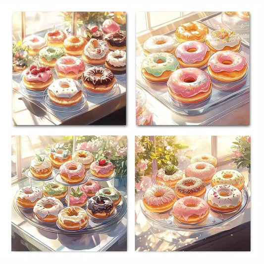 4pcs Vibrant Doughnut Decor With Colorful Frosti Wall Art Canvas Framed - Bella Home Decor