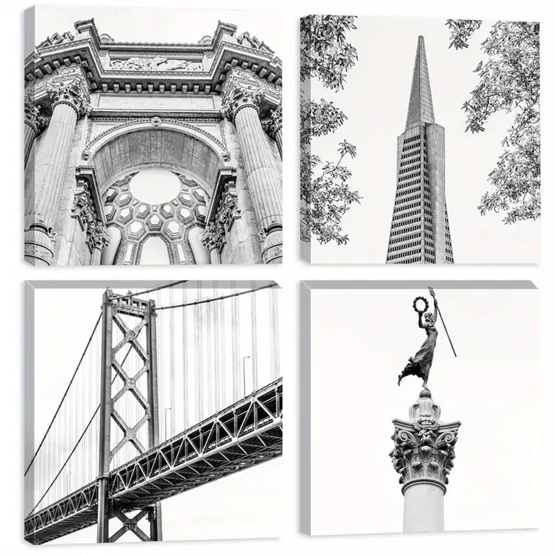 4pcs  Classic Bridge, Peak-Shaped  Wall Art Canvas Framed