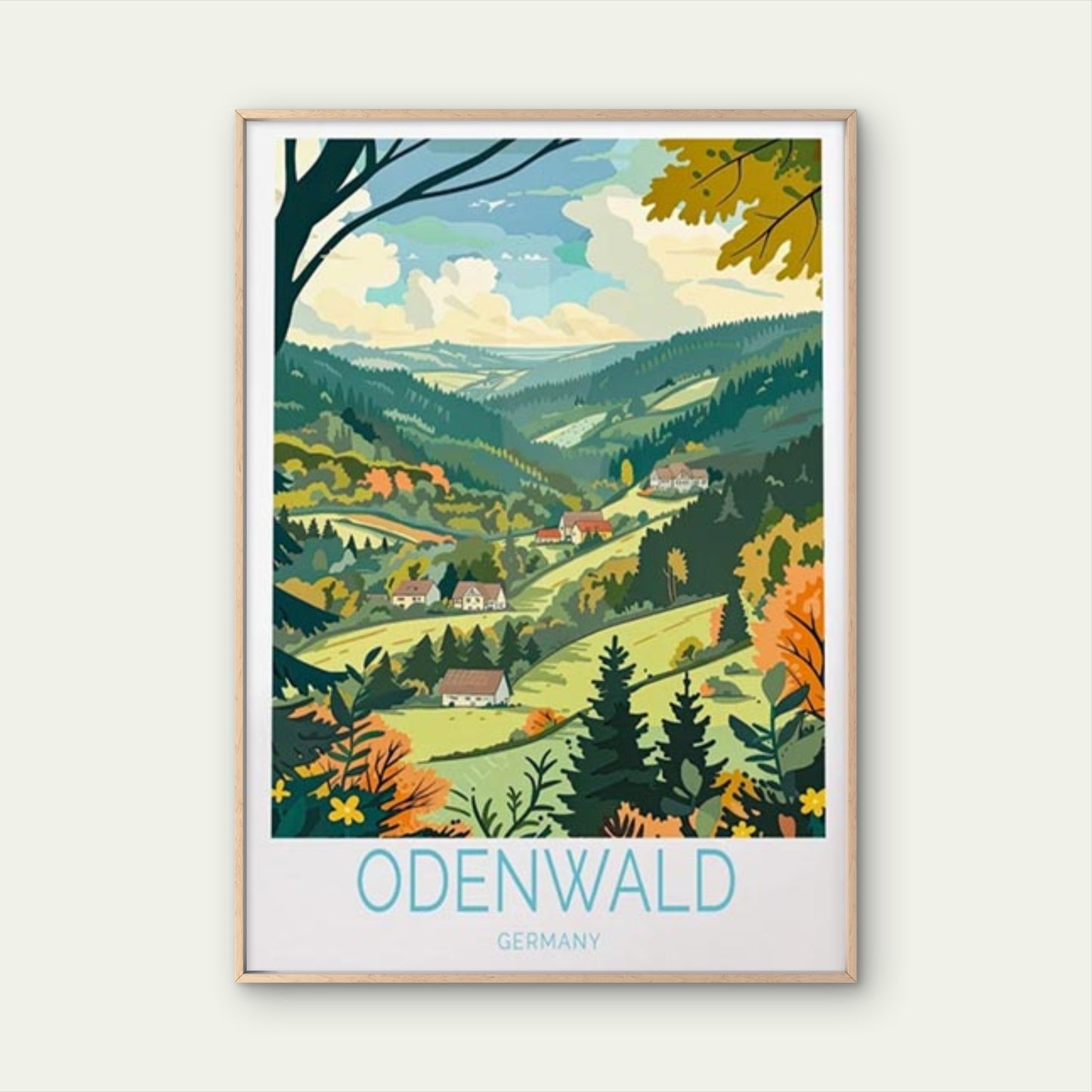Odenwald Germany, Trees & Village Paint Travel Poster Print Wall Art - Bella Home Decor