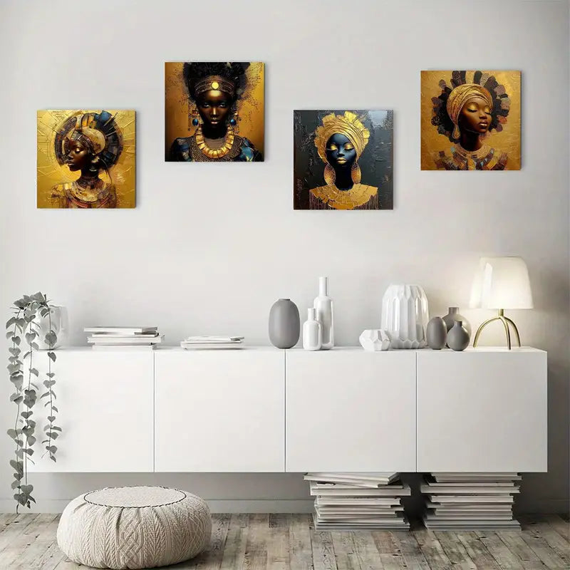 4pcs Golden Decorated Portraits Of Women Wall Art Canvas Framed
