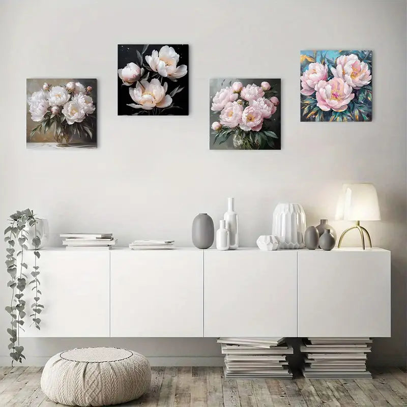 4pcs Pink & Grey Peonies er  Wall Art Canvas Framed