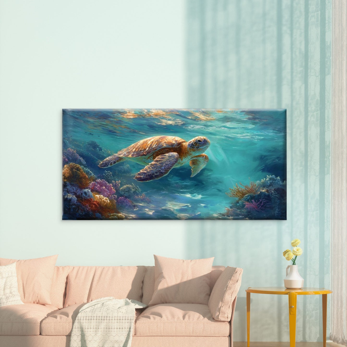 Sea Turtle Coral Reef Ocean Wall Art Canvas Office Home Room Framed 120x60cm