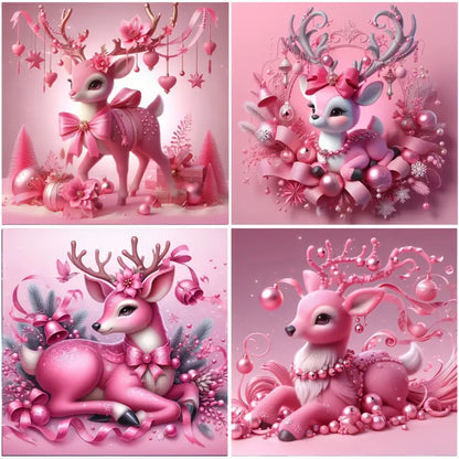 4pcs Pink Cute Deer Wall Art Canvas Framed