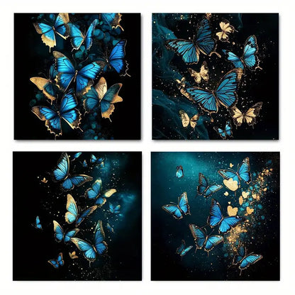 4pcsGolden Blue Butterfly Leaves Posters, Wall Art Canvas Framed