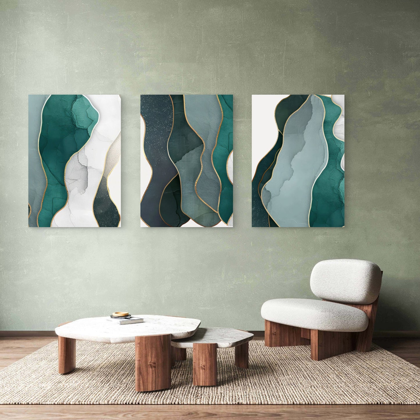3pcs Teal Green Gold Abstract Marble Painting  Wall Art Set Canvas Framed 50x70cm - High Quality Print 100% Australian Made Wall Canvas Ready to Hang