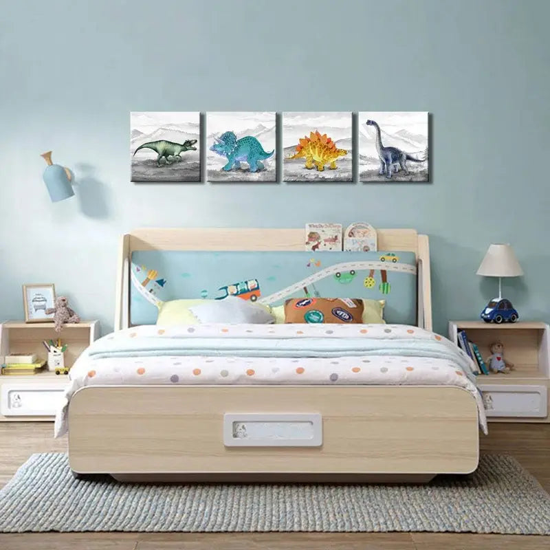 4pcs Vibrant Watercolor Dinosaur Designs Wall Art Canvas Framed