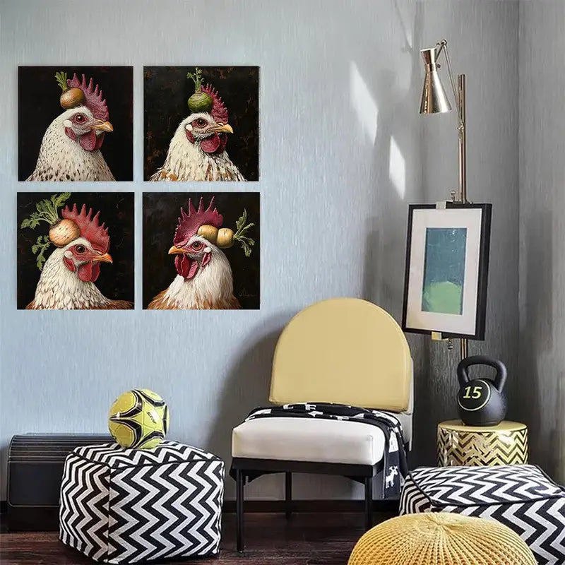 4pcs farm chickens with fruits and vegetables Wall Art Canvas Framed