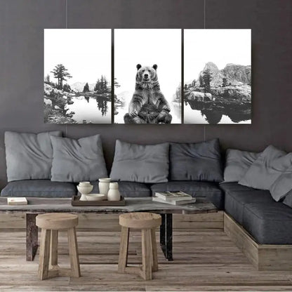 3pcs Grizzly Bear Black & White Nature Wall Art Set Canvas Framed 50x70cm - High Quality Print 100% Australian Made Wall Canvas Ready to Hang