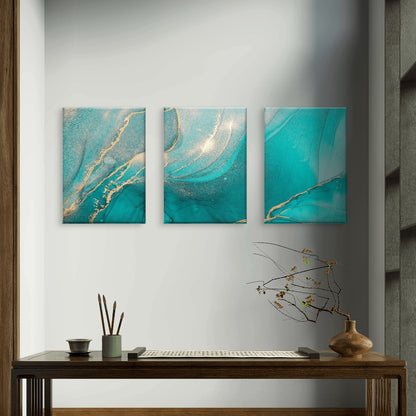 3pcs Emerald Turquoise Luxury Fluid Gold Veins Wall Art Set Canvas Framed 60x90cm - High Quality Print 100% Australian Made Wall Canvas Ready to Hang