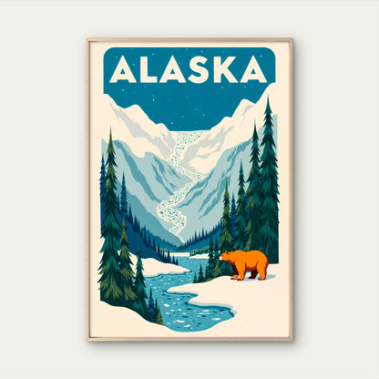 Alaska Wilderness Bear And Mountains Travel Poster Print Wall Art