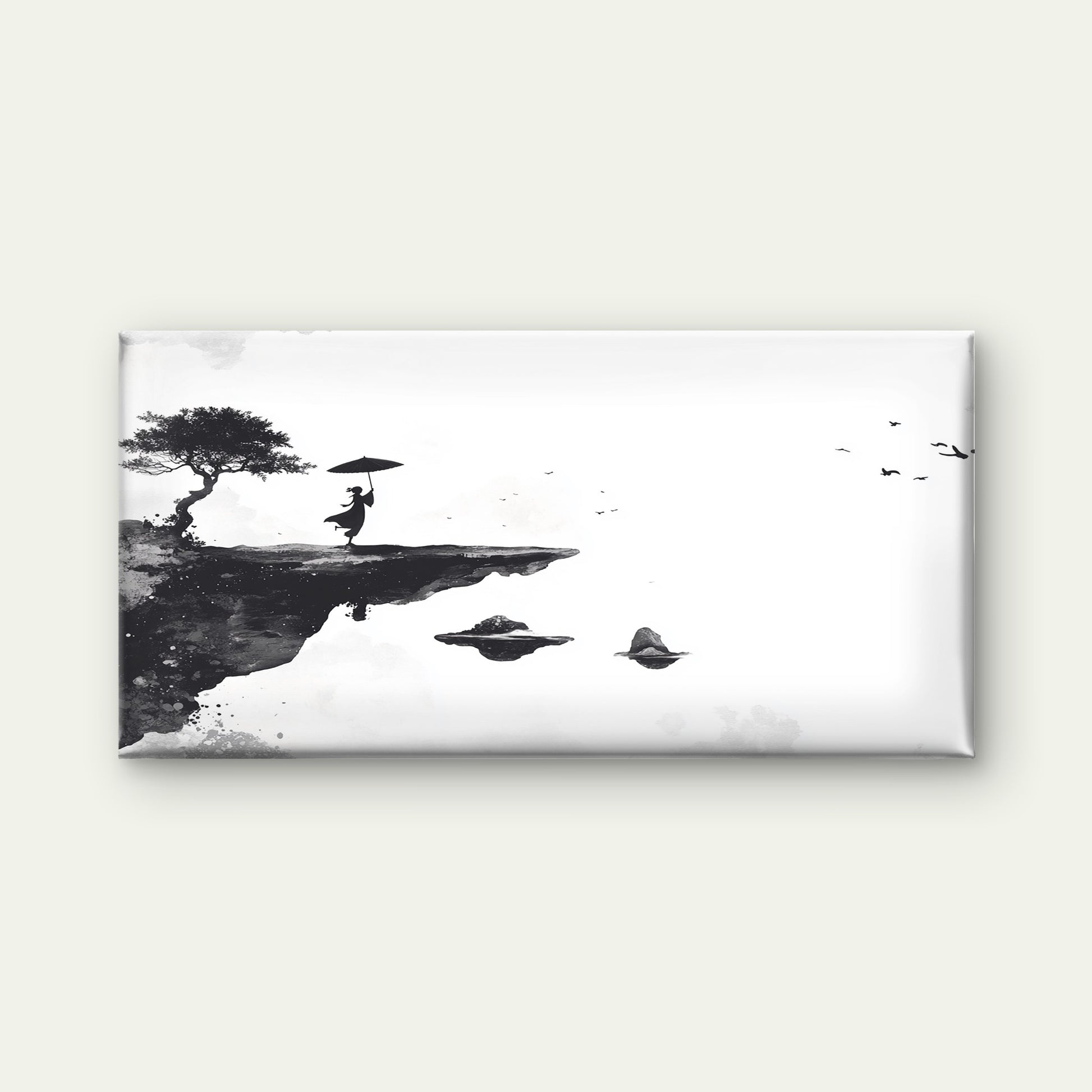 Zen Ink Cliffside Silhouette Wall Art Canvas Office Home Room Framed 120x60cm - Bella Home Decor