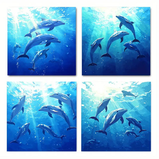 4pcs Underwater Dolphin Swimming Wall Art Canvas Framed