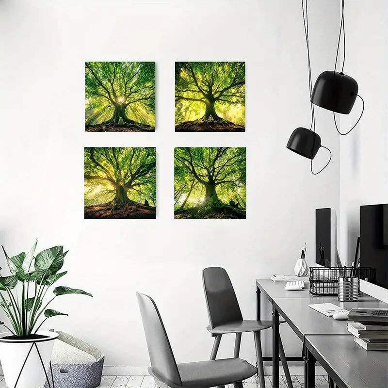 4pcs Rustic Spring Forest Green Tree gt   Wall Art Canvas Framed