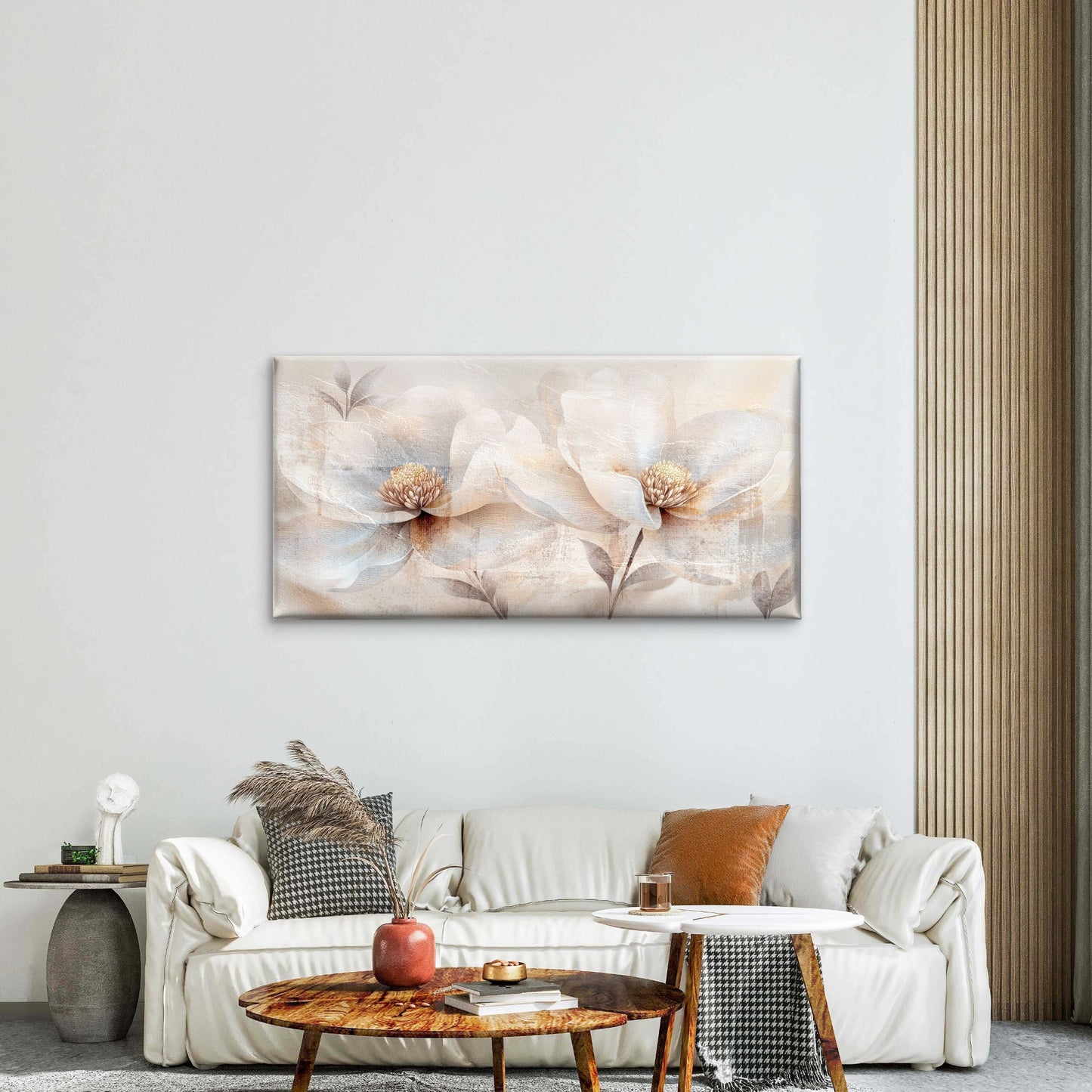 Abstract Cream Beige Blossom Flora Wall Art Canvas Office Home Framed 120x60cm