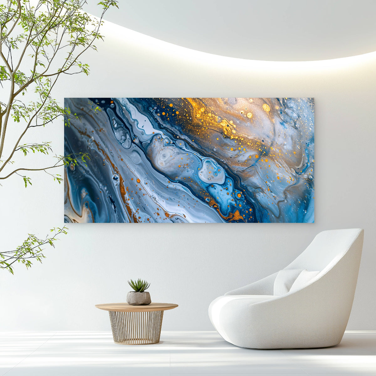 Golden Ocean Blue Swirls Wall Art Canvas Office Home Room Framed 120x60cm
