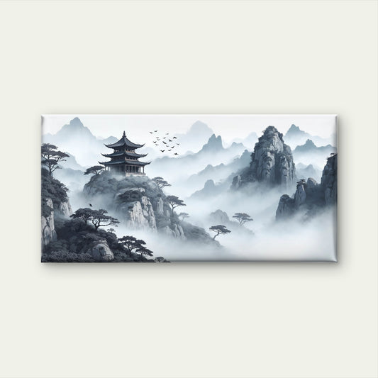 Pagoda Above Misty Peaks Wall Art Canvas Office Home Room Framed 120x60cm