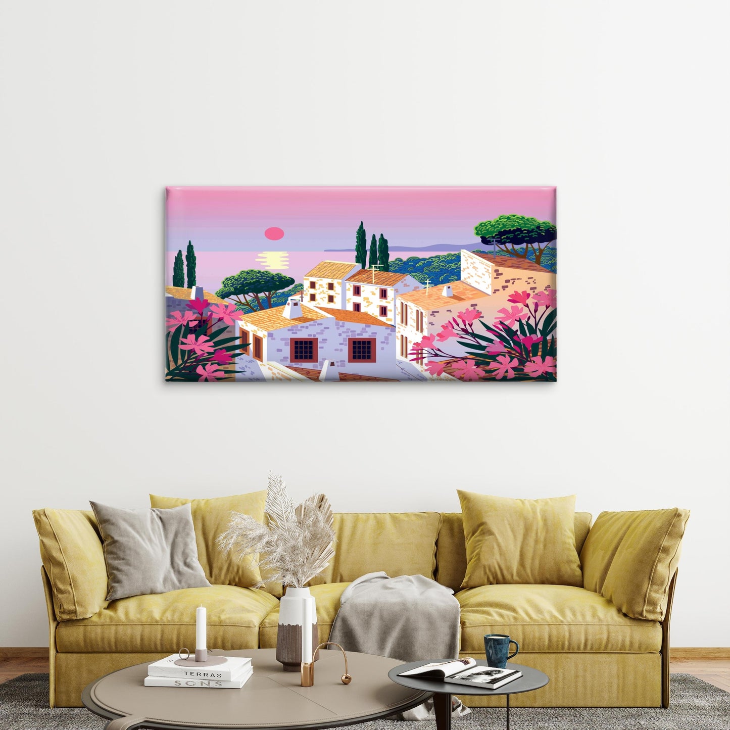 Mediterranean Sunset Over Ston Wall Art Canvas Office Home Room Framed 120x60cm