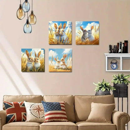 4pcs Charming White Rabbits in Golden Wall Art Canvas Framed