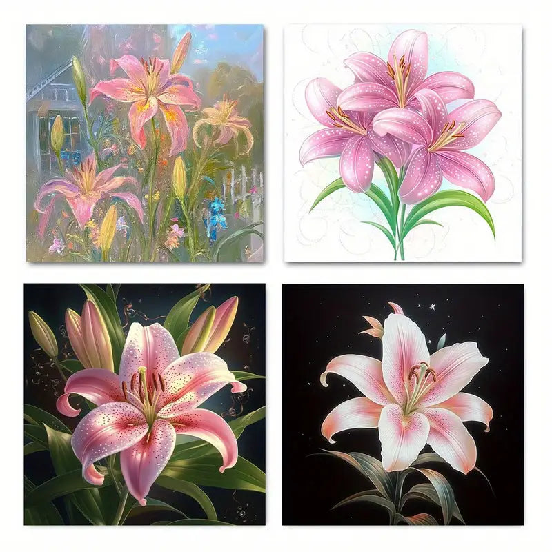 4pcs Vibrant Pink & White Lily Flower Wall Art Canvas Framed