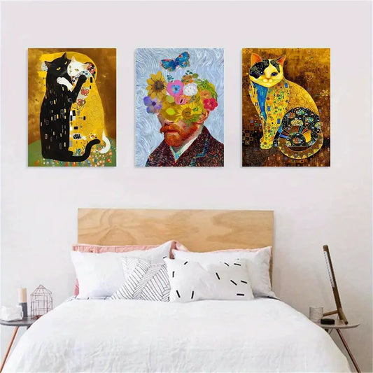 3pcs Vintage Animal Print, Funny Cat Hugging, Abstract Metal Print Ready to Hang Art