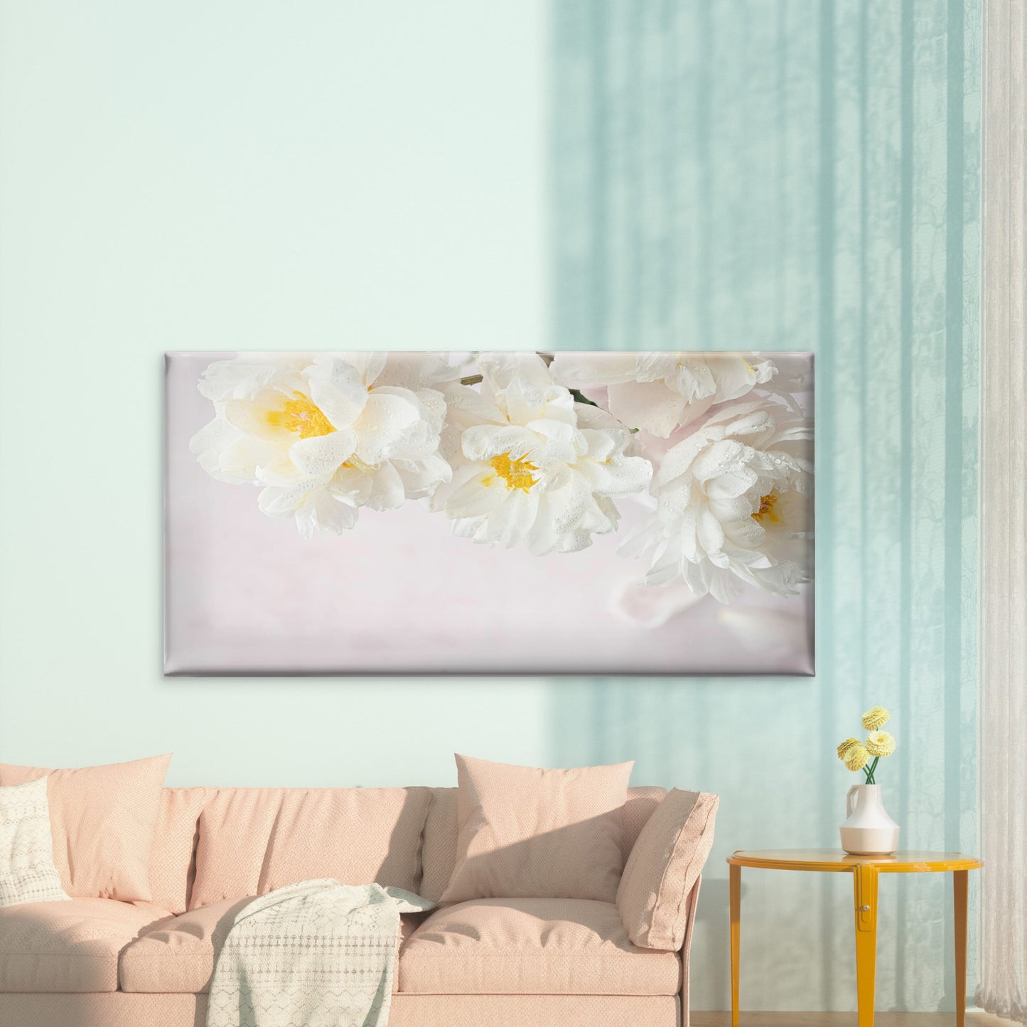 White Peonies & Water Droplets Wall Art Canvas Office Home Room Framed 120x60cm