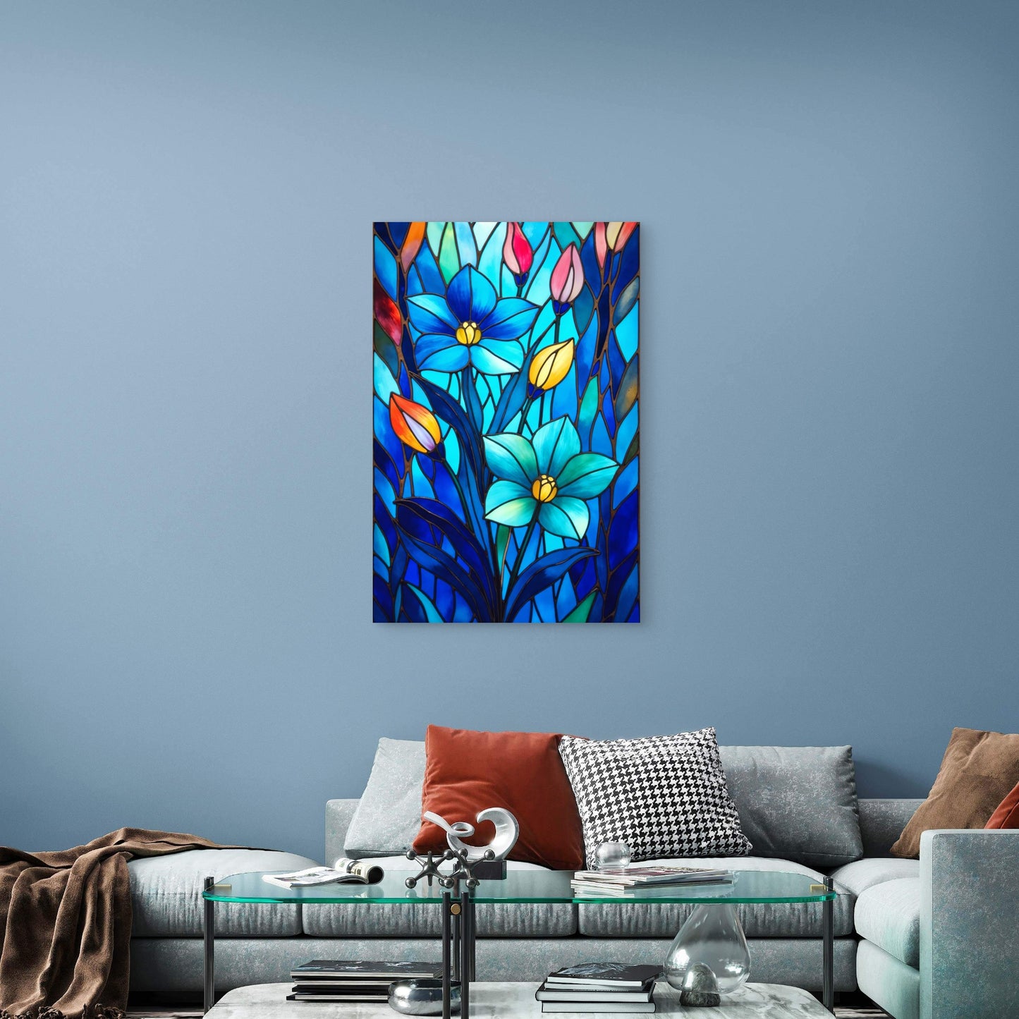 Blue Turquoise Floral Tulip Botanical Mosaic 40x60cm Metal Print Ready to Hang