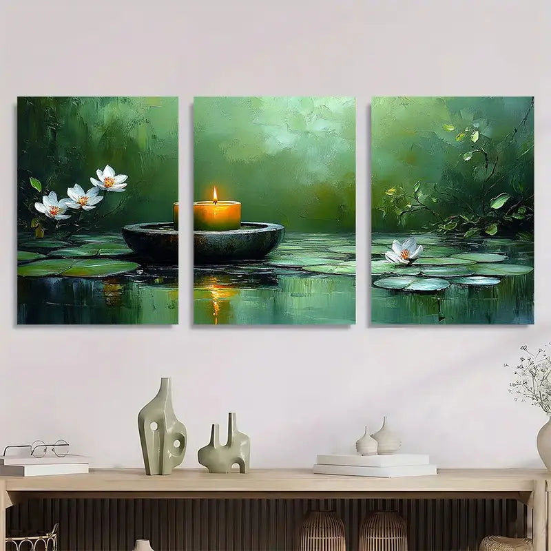 3pcs Serene Green For Lotus And Candle Design Metal Print Ready to Hang Art - Bella Home Decor