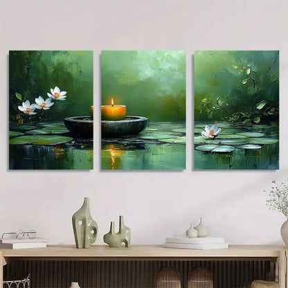 3pcs Serene Green For Lotus And Candle Design Metal Print Ready to Hang Art - Bella Home Decor